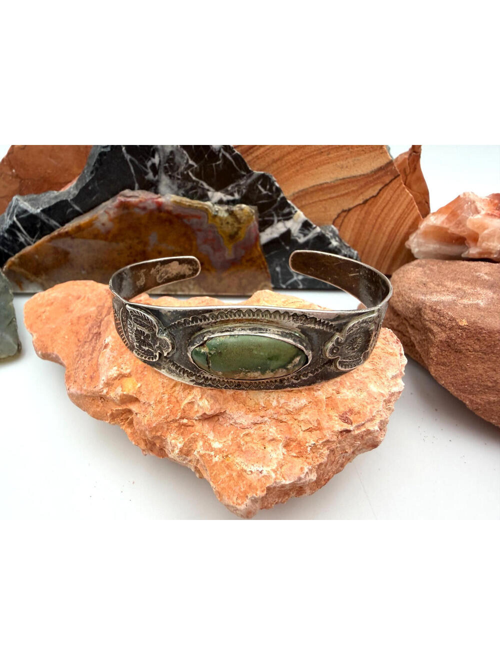Vintage Green Turquoise Native American Thunderbird Motif Cuff Bracelet